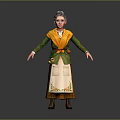 Elderly woman in green top yellow scarf white floral apron with arms outstretched