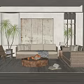 Modern Natural Living Room Interior Design With Rattan Sofa Wooden Coffee Table And Potted Plants