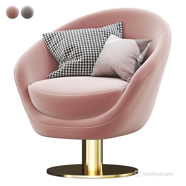 Pink Velvet Single Sofa With Golden Base And Checkered Light Gray Pillows 3d model 