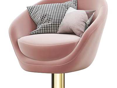 Pink Velvet Single Sofa With Golden Base And Checkered Light Gray Pillows 3d model