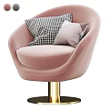 Pink Velvet Single Sofa With Golden Base And Checkered Light Gray Pillows
