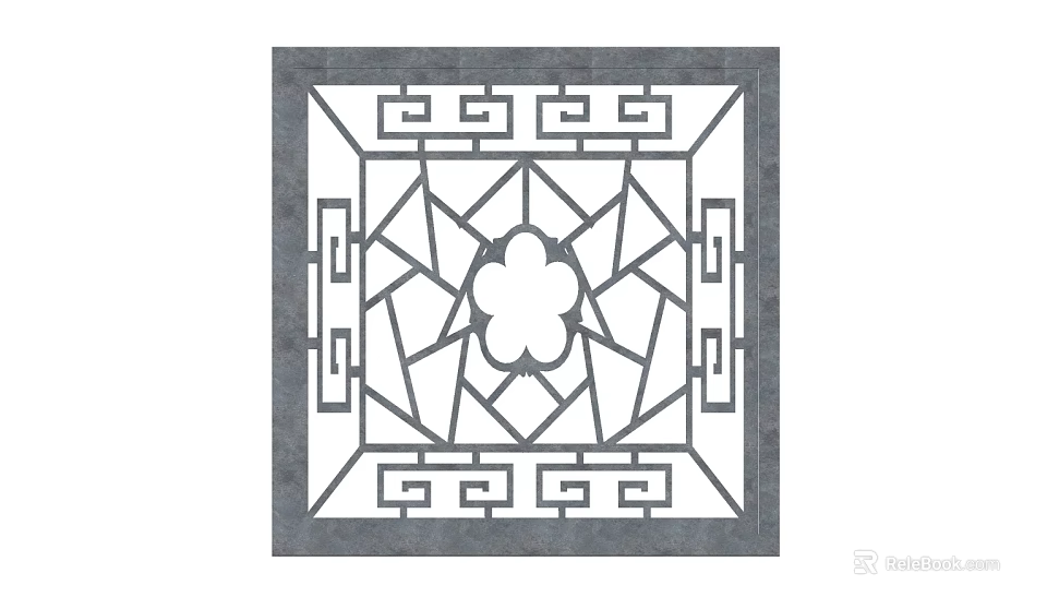 Traditional Lattice Window Design With Intricate Geometric Patterns And Central Floral Motif In Square Frame 3d model 