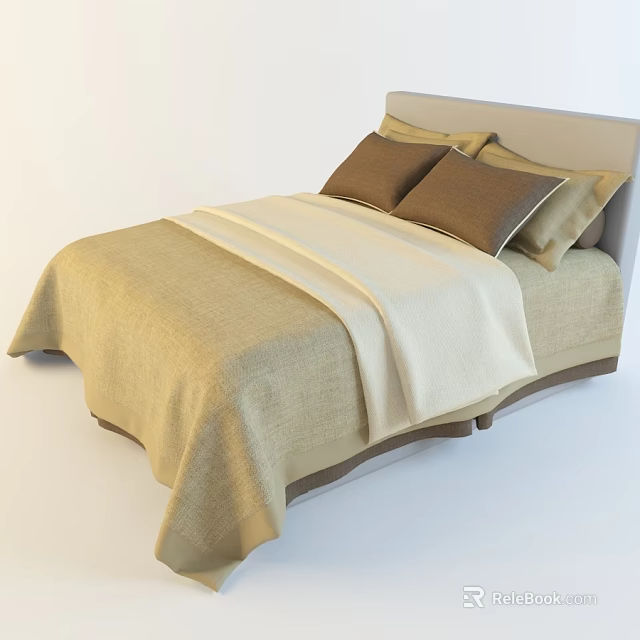 Modern Double Bed With Beige And Brown Bedding And Comfortable Pillows 3d model 