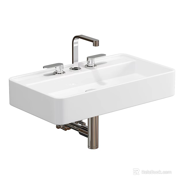 Modern Bathroom White Rectangular Washbasin With Chrome Faucet And Metal Stand 3d model
