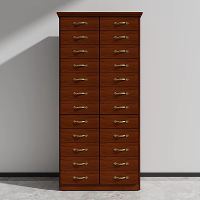 Brown Wooden File Cabinet Featuring Multiple Drawers and Brass Metal Handles for Office Storage 3d model