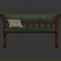 Green Leather Sofa Bench With Red Wooden Armrests Tufted Details And Light Cushion