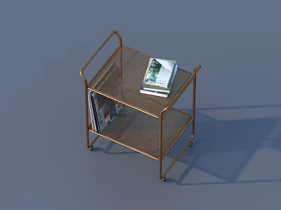 Functional Desk With Golden Metal Frame Two Tier Design Movable Wheels And Magazine Storage 3d model
