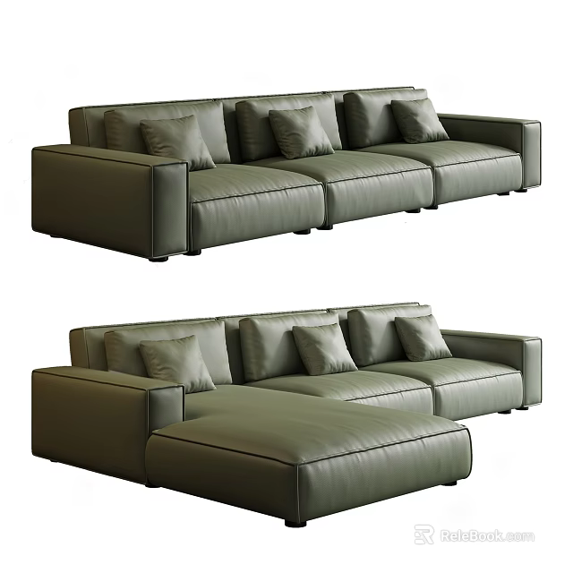 Modern Dark Green Leather Sectional Sofa With Multiple Cushions And Ottoman 3d model