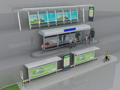 Modern Bus Station With Shelter Advertising Billboards Benches And People Waiting 3d model