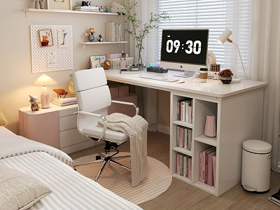 Cozy Modern Bedroom Interior With White Office Chair Desk Lamp Bookshelf Pinboard And Blinds 3d model