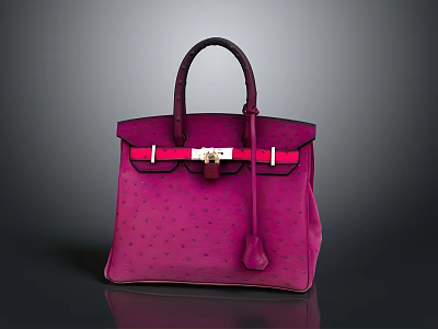 Stylish Pink Ostrich Leather Handbag With Dark Purple Handle Golden Clasp And Hanging Tassel 3d model