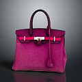 Stylish Pink Ostrich Leather Handbag With Dark Purple Handle Golden Clasp And Hanging Tassel