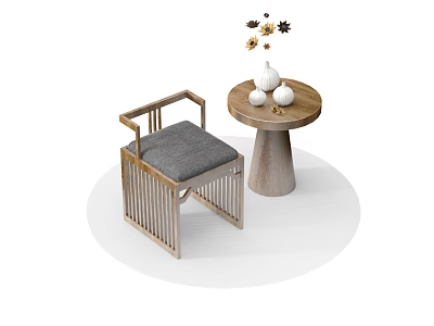 Modern Wooden Frame Leisure Chair With Gray Cushion And Side Table Decorative Items 3d model