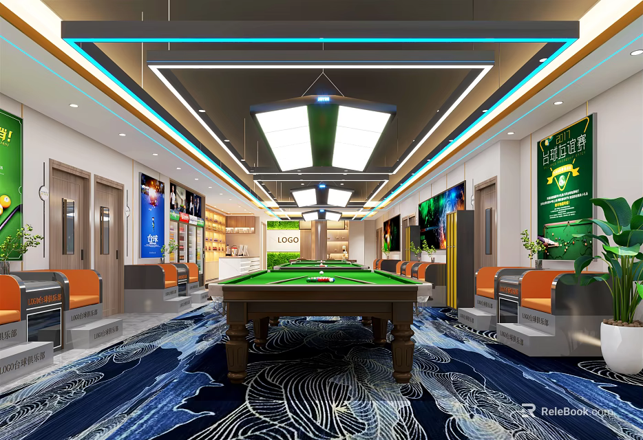 Modern Billiard Room Interior With Wooden Table Pendant Lights Comfortable Seats And Decorative Carpets 3d model 