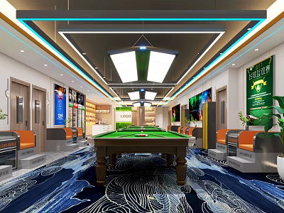 Modern Billiard Room Interior With Wooden Table Pendant Lights Comfortable Seats And Decorative Carpets 3d model