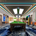 Modern Billiard Room Interior With Wooden Table Pendant Lights Comfortable Seats And Decorative Carpets