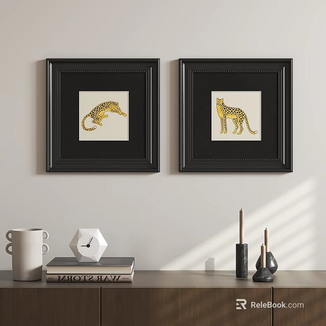 Two Decorative Leopard Animal Paintings in Black Frames on White Wall 3d model
