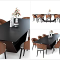 Modern Dining Table Set With Black Table Brown Chairs And Decorative Vase 3d model