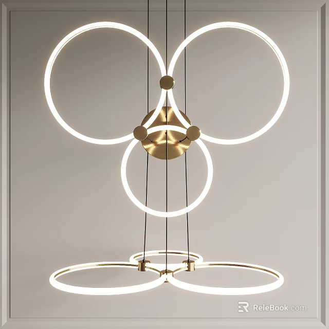 Modern Circular Ring Chandelier with Golden Metal Base and Illuminated Light Strips 3d model 
