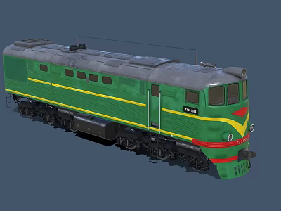 Green Vintage Train Locomotive With Yellow Red Stripes And Cab Windows 3d model