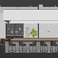Modern Japanese Restaurant Interior Featuring Bar Counter Black Bar Stools Display Shelves And Hanging Lights