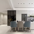 Modern Minimalist Restaurant Interior With White Cabinets Dining Table Light Gray And Blue Chairs 3d model