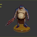 3D Game Movie Character With Blue Skin Potbellied Wielding Red Weapon Standing on Base