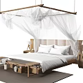 Double Bed With Hanging White Mosquito Net Wooden Frame White Sheets And Bedside Tables