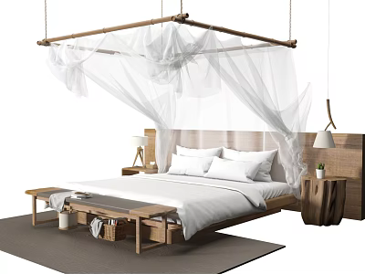 Double Bed With Hanging White Mosquito Net Wooden Frame White Sheets And Bedside Tables 3d model