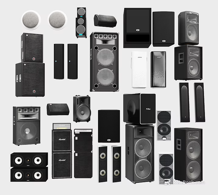 Different Black Speaker Types Including Floor Standing Bookshelf and Subwoofer Units 3d model 