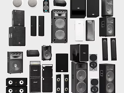 Different Black Speaker Types Including Floor Standing Bookshelf and Subwoofer Units 3d model