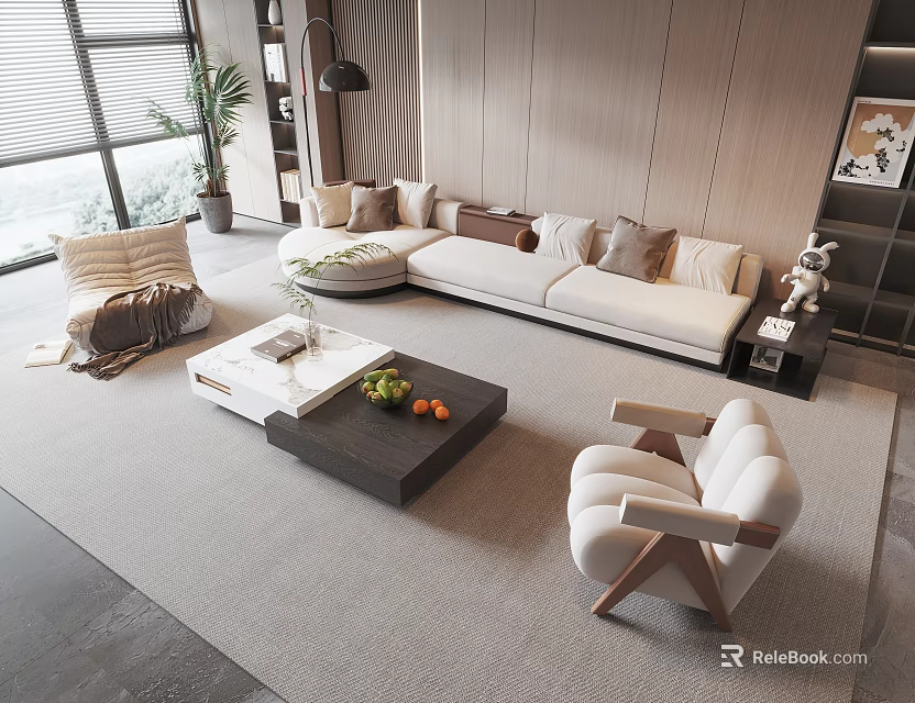Modern Living Room White L Shaped Sofa Coffee Table Set With Throw Pillows And Armchair 3d model 