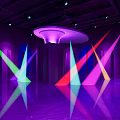 Modern Bar With Purple Lighting Round Tables Orange Cushioned Chairs Circular Lights And Geometric Decor