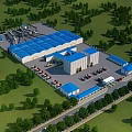 Large Scale Industrial Factory With Blue Roof Green Surroundings And Parking Area Vehicles