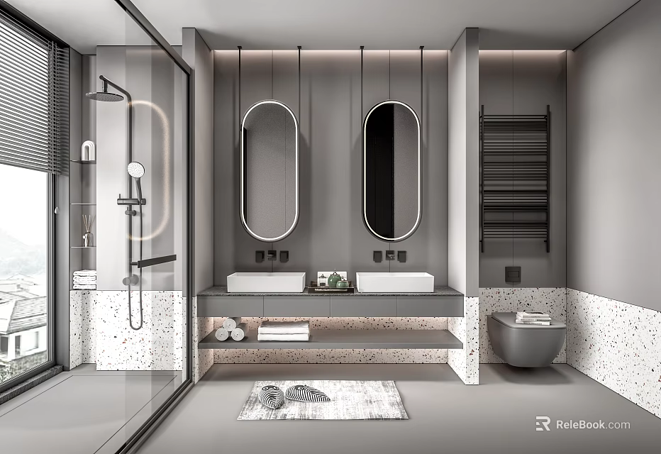 Modern Bathroom Interior With Double Mirrors Double Vanity Glass Shower Stone Countertop Gray Rug 3d model 
