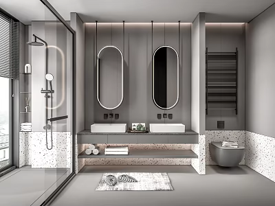 Modern Bathroom Interior With Double Mirrors Double Vanity Glass Shower Stone Countertop Gray Rug 3d model