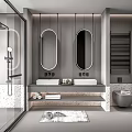 Modern Bathroom Interior With Double Mirrors Double Vanity Glass Shower Stone Countertop Gray Rug