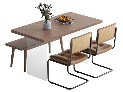 Wooden Dining Table Set With Woven Back Leather Chairs Bench Vase Plants And Fruit Bowl 3d model