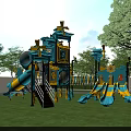 Blue And Yellow Playground Equipment With Slide And Windmills On Green Lawn Surrounded By Trees