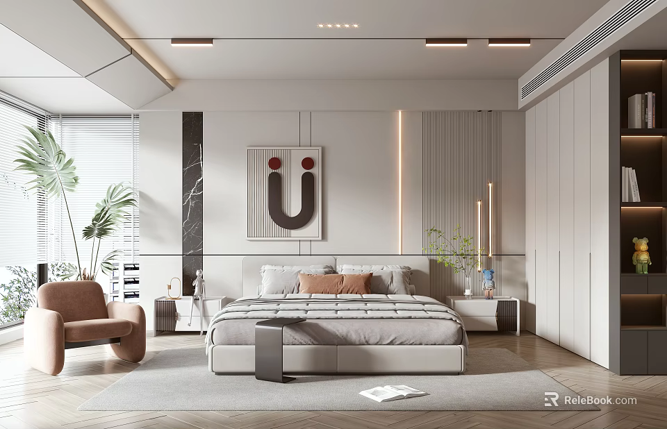 Modern Bedroom Interior Design With Bedside Tables Artwork Armchair Plants Rug And Wardrobe 3d model 