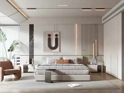 Modern Bedroom Interior Design With Bedside Tables Artwork Armchair Plants Rug And Wardrobe 3d model