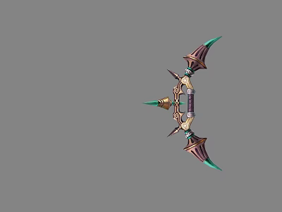 Ornate Fantasy Bow Weapon With Green Tips Gold Accents And Decorative Spikes 3d model