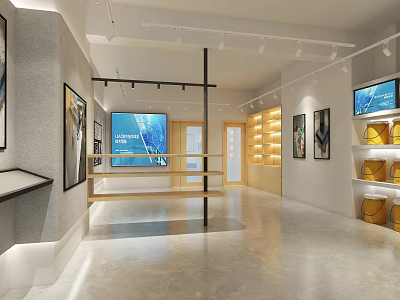 Modern Showroom Interior With Large Screen Display Shelves Artworks And Lighting 3d model