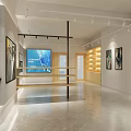 Modern Showroom Interior With Large Screen Display Shelves Artworks And Lighting