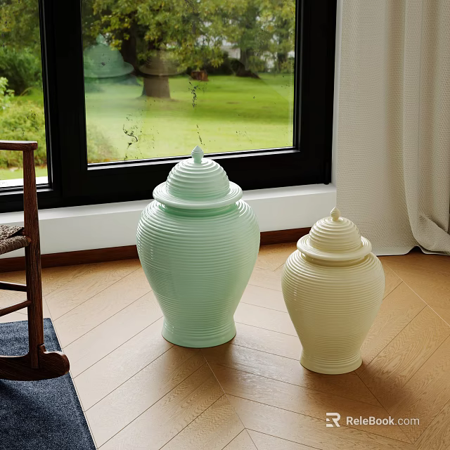 Ceramic Vessels in Light Green and Cream by Window with Garden View and Wooden Floor 3d model 
