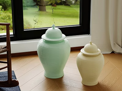 Ceramic Vessels in Light Green and Cream by Window with Garden View and Wooden Floor 3d model