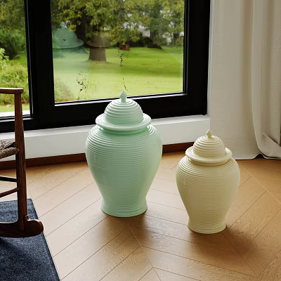 Ceramic Vessels in Light Green and Cream by Window with Garden View and Wooden Floor 3d model