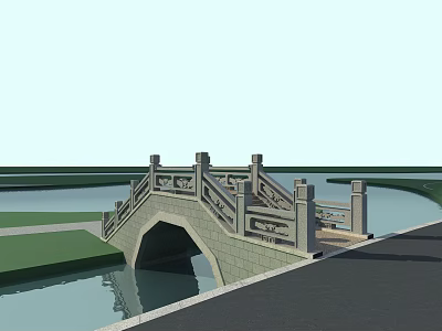 Traditional Stone Arch Bridge With Ornate Railings Over Calm Water And Green Grass 3d model