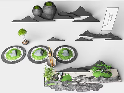 Japanese Karesansui Dry Landscape Garden with Rocks Moss Mini Trees Ceramic Pots and Circular Decorations 3d model