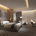 Modern Hotel Room Interior With King Bed Work Desk Sofa And Decorative Wall 3d model
